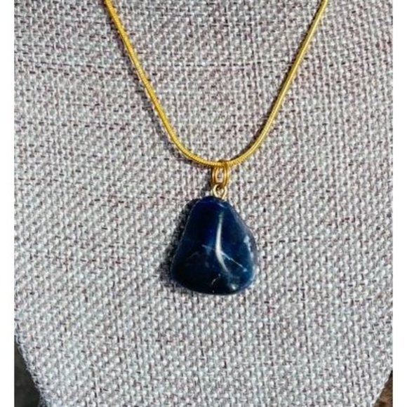 Tumbled Lapis Lazuli Pendant on Goldtone 16 inch Chain Necklace for Men or Women - Picture 4 of 7